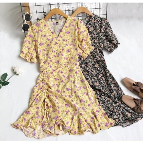 Summer Dress Women Casual Dress Ladies Short Puff Sleeve Retro Elegant Floral Print Drawstring Dress Female Ruffles Mini Dress
