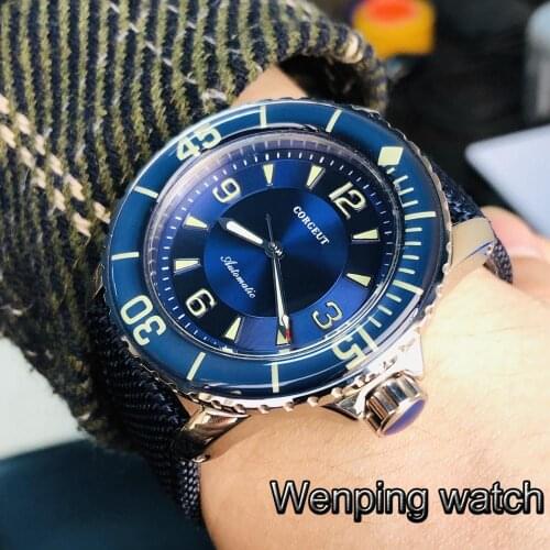 Corgeut 45mm silver case blue dial blue ceramics bezel luminous leather strap automatic mens mechanical wrist watch