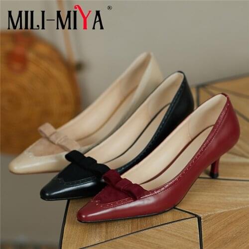 MILI-MIYA Fashion Pointed Toe Women Full Genuine Leather Pumps Butterfly Knot Low Thin Heels Solid Color Slip On Size 34-40