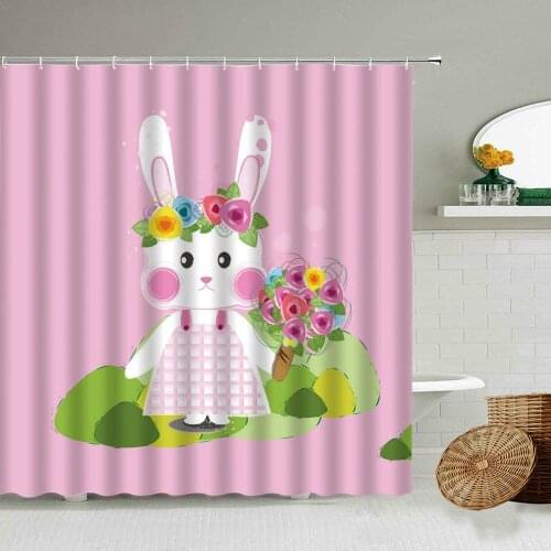 Cute Cartoon Rabbit Giraffe Bear Small Animal Shower Curtain Dream Forest Plants Flowers Children Fun Bathroom Waterproof Screen