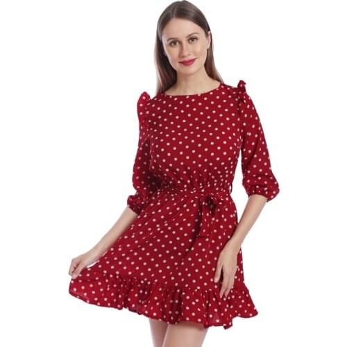 Fashion Ruffle Trim Sashes Women Summer Dress 3/4 Sleeves Round Neck Dot Print Casual Dress Girls Sweet Cute A Line Mini Dresses