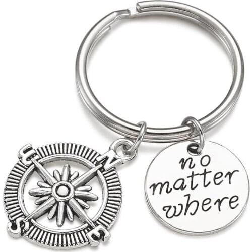 Fashion Vintage Compass Key Chain Flat Round Pendant with Words Keychain Key Ring Gift