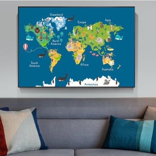 Cartoon World Animal Map Europe Greenland Asia Nursery Poster Canvas Painting Wall Art Print Picture Children Room Decoration