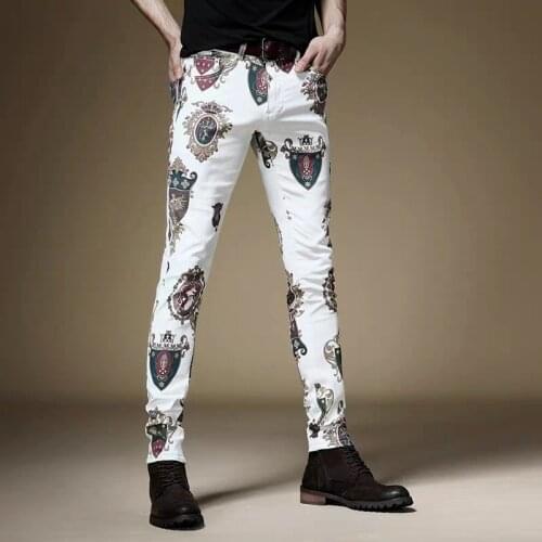 Free shipping new fashion male mens Jeans Slim fashion brand feet dye down ink jet printing graffiti summer thin white pants
