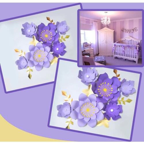 Handmade Purple Rose DIY Paper Flowers Gold Leaves Set For Nursery Wall Deco Boys Room Baby Shower Backdrop Video Tutorials
