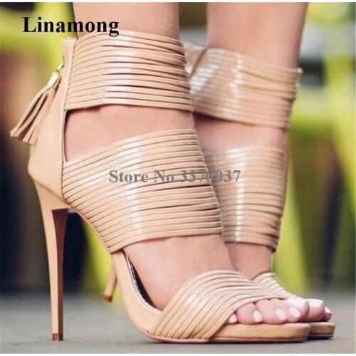 New Fashion Women Summer Open Toe Nude Straps Gladiator Sandals Ankle Wrap High Heel Sandals Dress Shoes Back Zipper-up Shoes