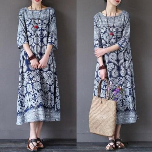 Plus Size Women Oversized 3/4 Sleeve Floral Print Tunic Baggy Kaftan Long Dress