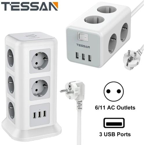 TESSAN 6-Way Power Strip (3600W / 16A) 4 USB Ports (5V 2.4A) Multiple Socket with Power Switch 2M Cable Overload Protection