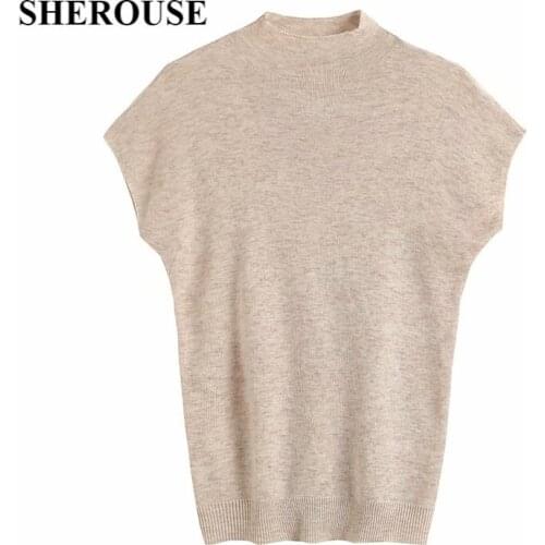 SHEROUSE 2021 Fashion Women Wool Blend Knitwear Top Short Sleeves Mock Neck Casual Knitted sweaters Pullover Woman Tops