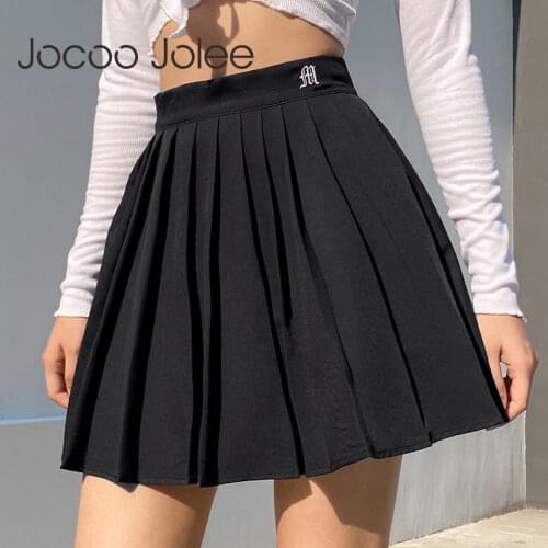 Jocoo Jolee Women Elegant Gothic Pleated Mini Skirts Elastics High Waist Embroidery Preppy Style A Line Skirt Casual Dance Skirt