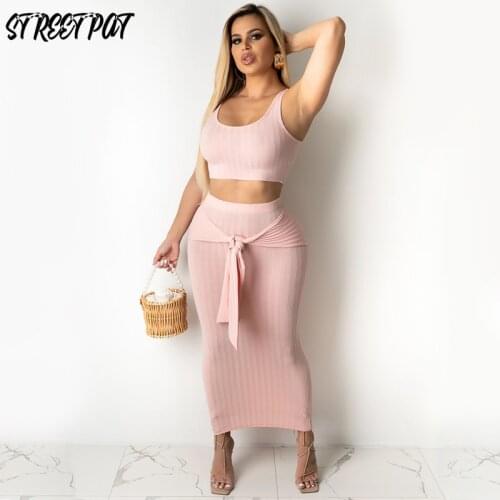 Elegant Bandage Two Piece Set Skirt Women Sleeveless Tank Crop Top Bodycon Dress Set Femme Solid Ribbed Vacation Outfits