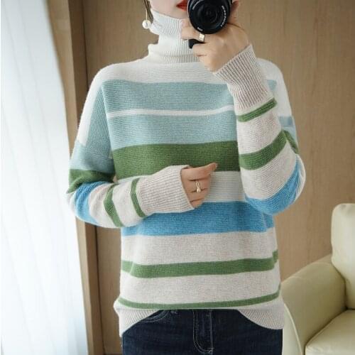 Ladies pullover 2021 autumn and winter new high-neck 100% wool sweater casual striped plus size cashmere sweater womens top