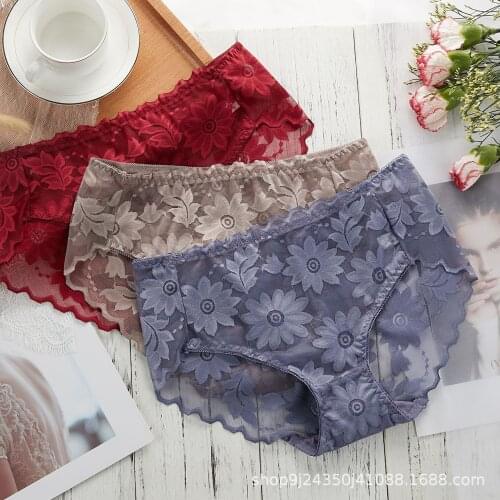 Womens Underwear Sexy Lace Panties Fashion Flower Hollowed Out Briefs Mid Waist Seamless Underpants Female Invisible Lingerie