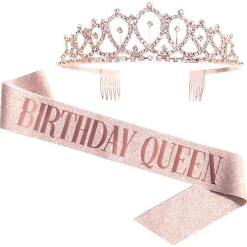 21 30 40 50 Birthday Party Decoration Rose Gold Silver Satin Sash and Crystal Crown Tiara for Womens Birthday Anniversary Party