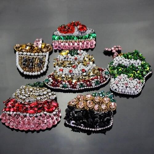 3D Handmade Rhinestone Beaded Patches Ice Beverage cup Cream Cake Sew on Crystal Patches for Clothing Stickers Beaded Applique