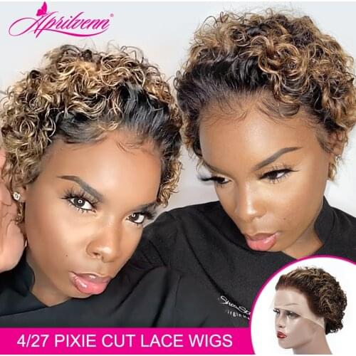 4/27 Blonde Ombre Curly Bob Transparent Lace Front Human Hair Wigs Short Pixie Cut Virgin Hair For Black Women Deep Water Wave
