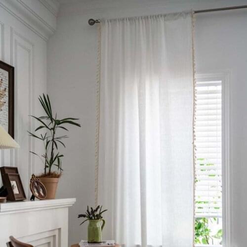 Linen Look White Curtain Rod Pocket with Tassels Voile Semi Sheer Drapes Privacy Protection for Living Room Bedroom Decor TJ6477