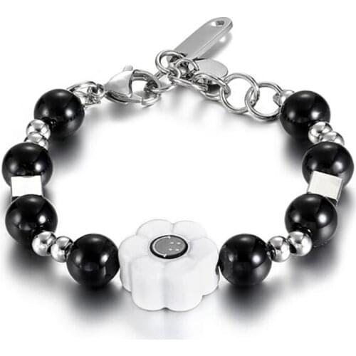 Stainless Steel Hip Hop Black Pearl Sunflower Smiley Face Handmade Beaded Fashion Bracelet Jewelry For Men Women Street Dance