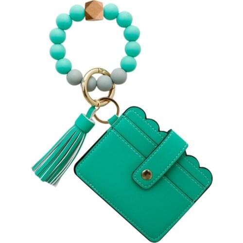 Wristlet Keychain Silicone Beaded Bracelet Leather Tassel Wallet Bangle R7RF