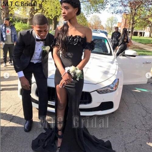 Black Mermaid Formal Dress Evening With Flowers Side Slit Off The Shoulder Long African Girl Graduation Prom Gowns Customize