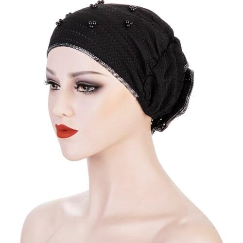 Breathable Summer Muslim Turban Bonnet For Women Beading Flower Headwrap Lace Inner Hijab Caps Stretchy Islamic Undescarf Cap
