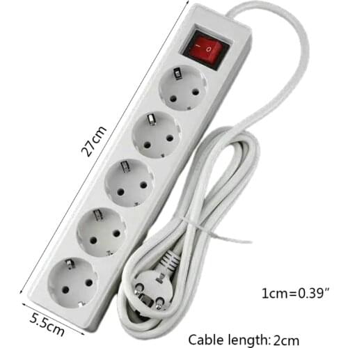 EU Standard German Type Power Strip 3/4/5 Sockets in Row Flat Adapter Light Switch with Surge Protector Extension Cable J08 21