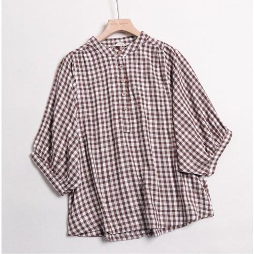 Lamtrip Retro Plaid Soft Cotton Yarn Short Lantern Sleeve Stand Collar Shirt Blouse Top Mori Girl 2021 Summer
