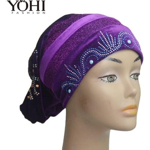 2018 New Fashion women wrap bow turban muslim flower caps heaband hat Hijab pearl crystal turban for ladies