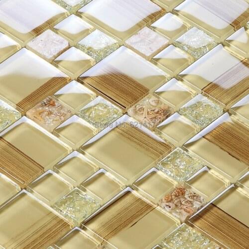 New! beige color crystal glass mixed sea shell mosaic for kitchen backsplash tile bathroom shower hallway wall mosaic