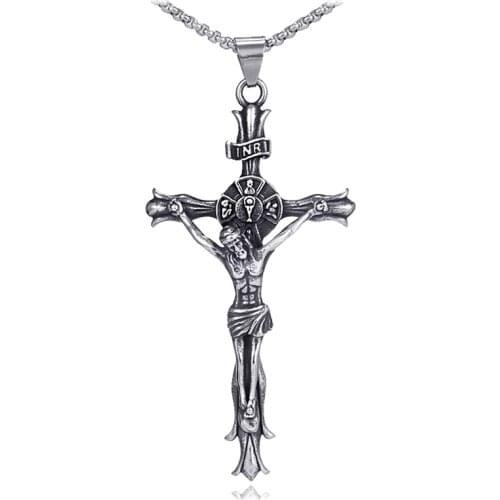 Jesus Crucifix Stainless Steel Cross Necklace Vintage Big Pendant Christian Jesus Religion Jewelry for Men Prayer Gifts LN3027