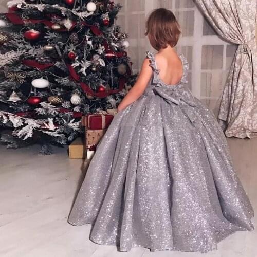 Silver Shiny Flower Girl Dress Sequin Sleeveless Fluffy Little Princess Birthday Party Pageant Gown Holy Communion Girl Dresses