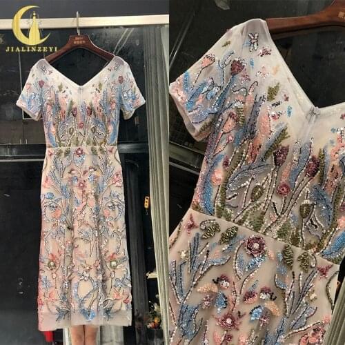 Rhine Real picture V Neck full colorful beads sequins luxurious knee length dress women evening dress long formal dresses