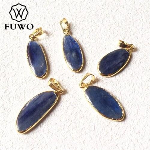 FUWO Natural Free Shape Kyanite Pendant With Gold Trimmed Irregular Shape Bule Crystal Quartz Pendant For Jewelry Making PD257