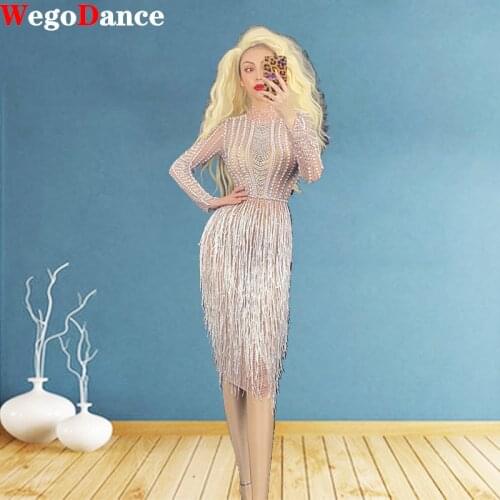 Silver Crystal Fringes Transparent Dress Birthday See Through Sexy Rhinestone Chain Outfit Women Singer Evening