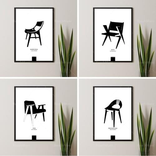 Chaise design iconique polonaise, affiche minimaliste, peinture murale