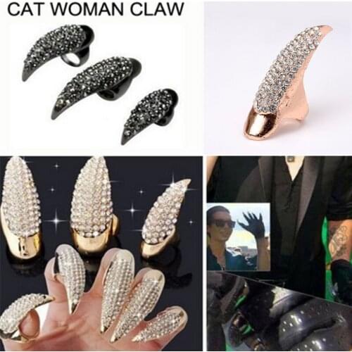 Gothic Punk Rock Style Eagle Cat Crystal Rhinestone Finger Tip Nail Rings Set of 5pcs