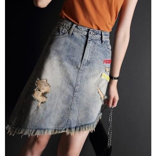 Summer New Women Denim Asymmetrical Tassels Skirts Casual Hole Ripped High Waist Mini Jeans Skirt Slim Fit Faldas Mujer
