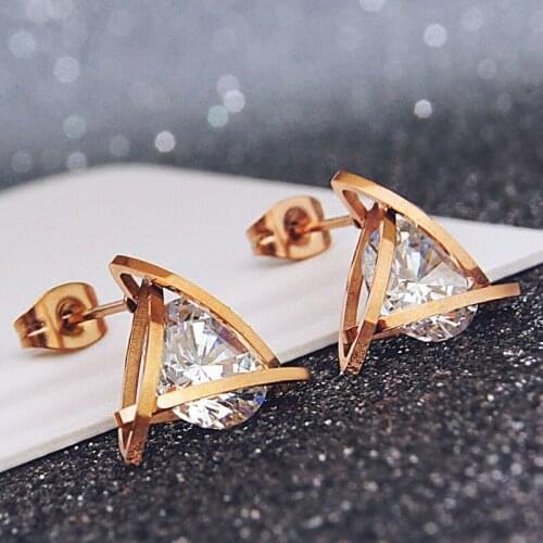 YUN RUO Pave Mosaic Zircon Triangle Stud Earring Rose Gold Color 316 L Stainless Steel Fashion Jewelry woman Gift hypoallergenic