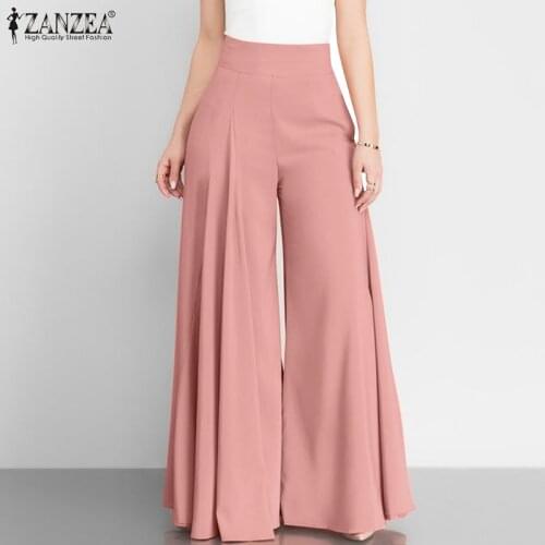 ZANZEA 2021 Fashion Solid Pants Womens Wide Leg Trousers Casual Zipper High Waist Long Pantalon Palazzo Female Turnip