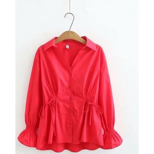 Plus Size Womens Blouse Long Sleeved Solid Elastic Waist Ladies' Officewear Large Size Tops
