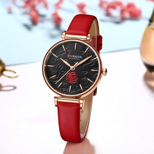 Simple Style Women Quartz Wristwatch CURREN Brand Luxury Red Black Ladies Analog Quartz Clock Flower Dial Design Bracelet 9078