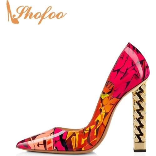 Multicolor Red Gold Chain High Block Heels Slip on Pumps Trendy Shoes For Ladies Size 13 14 2021 New Arrival Sexy Office Party