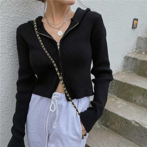 Deeptown Knitted Sweater Women Vintage Zip Up Crop Top Long Sleeve Streetwear Cardigan Korean Style Autumn 2021 Fashion Casual