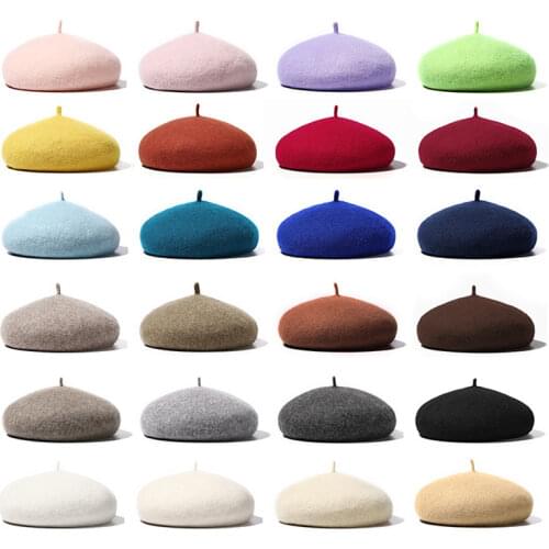 Women Girls Winter Warm Faux Wool Beret French Artist Beanie Hat Cap Red Black Purple Pink Orange Kawaii Flat Top Caps Warmers