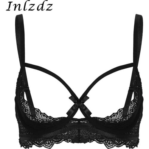 Womens Erotic Lingerie Bra Top See Through Sheer Lace Adjustable Spaghetti Shoulder Straps Half Cups Underwired Sexy Bra Tops