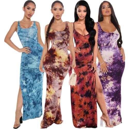 Women Fashion Tie Dye Print Dress Square Collar Sleeveless Split Evening Dresses Bodycon High Quality Backless Slim Maxi Dresses