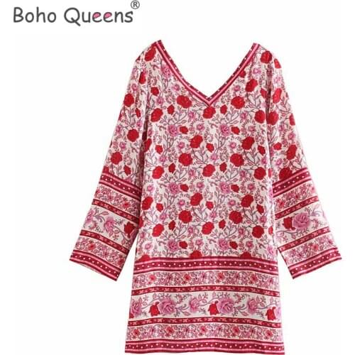 Boho Queens happie women rose floral print long sleeve v-neck beach Bohemian mini dress ladies rayon cotton Boho dress