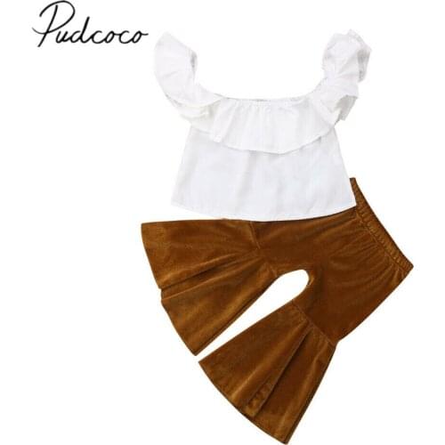 2019 Children Summer Clothing Toddler Baby Kids Girl Off Shoulder Crop Top+ Velvet Flares Pants Bell Bottoms 2Pcs Outfits Set