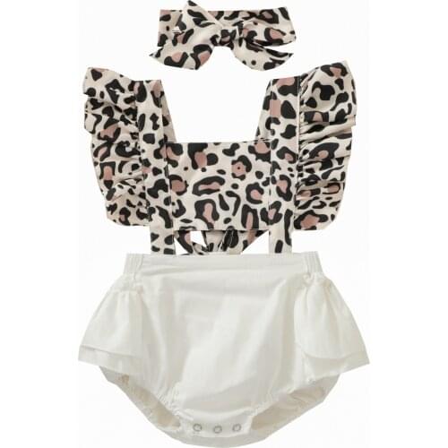 Baby Girls 2Pcs Summer Outfits Cute Ruffle Sleeve Backless Leopard Romper with Headband Set