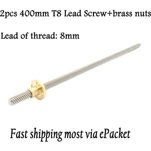 2pcs Length 400mm T8 Lead Screw/Thread Rod lead 8mm Dia 8MM Pitch 2mm with free Copper Nuts for Prusa I3 3D printer&CNC parts